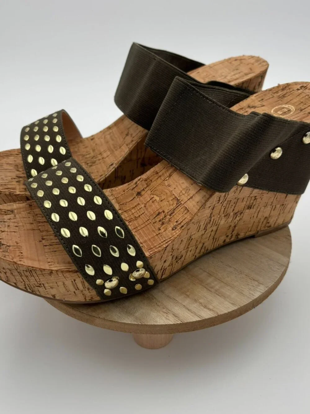 Olive Green Studded Slide Wedge Sandals Cork Platform Open Toe Slip On Shoes 9M